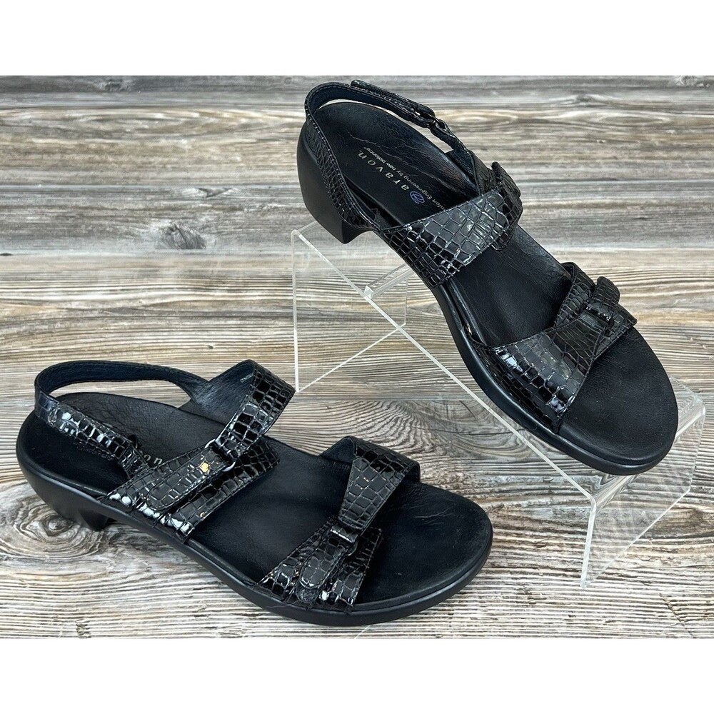 Aravon Sandals Womens 9B Cambridge Black Faux Snakeskin Shimmer‎ Comfort Shoes